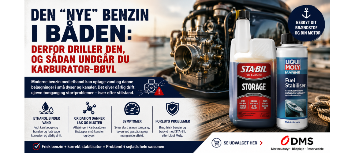 Forebyg karburator-b�vl i b�den med frisk benzin, STA-BIL og Liqui Moly br�ndstofstabilisator.