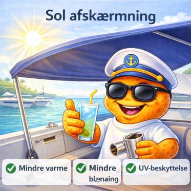 Solafsk�rmning til b�d &ndash; bimini, solsejl og skygge-l�sninger der reducerer varme og bl�nding i cockpit