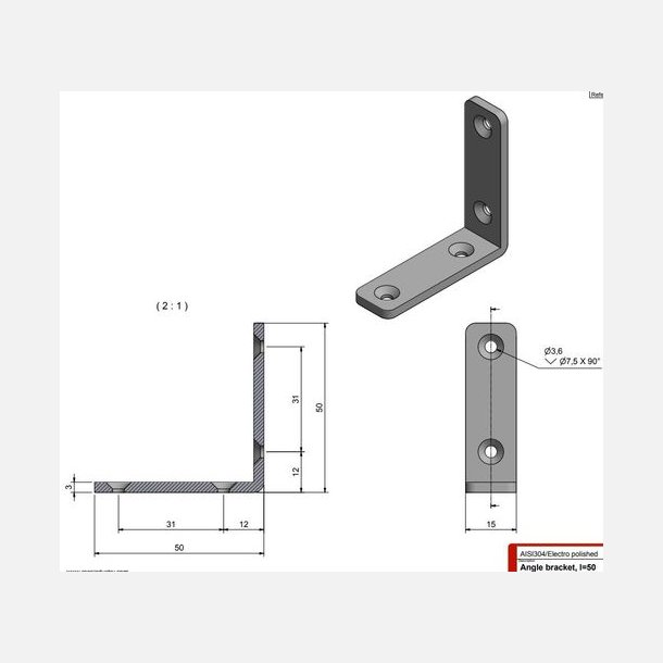 Roca vinkelbeslag 50x50x15mm skrue 3,6mm RF304