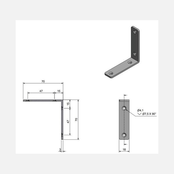 Roca vinkelbeslag 70x70x18mm skrue 4,1mm RF304