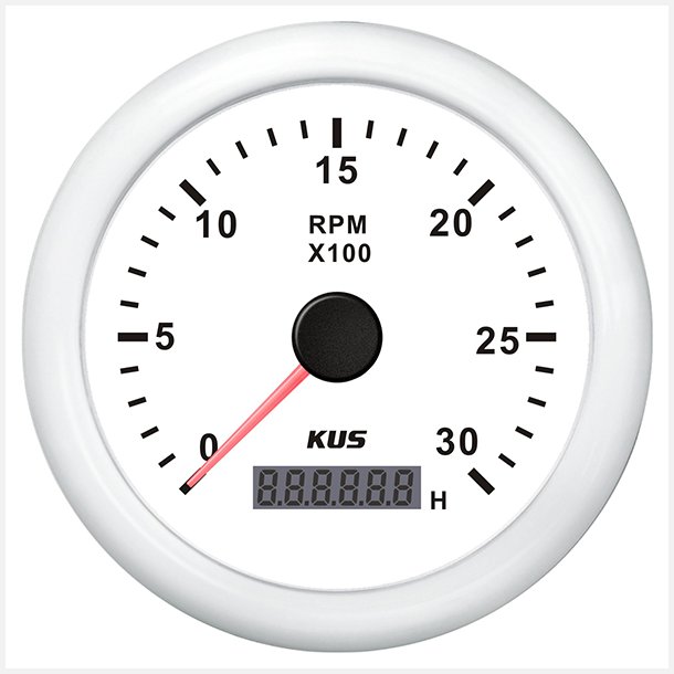 KUS omdrejningstller m/timetller til diesel hvid, 0-3000