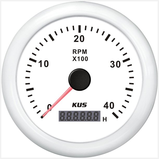 KUS omdrejningstller m/timetller til diesel hvid, 0-4000