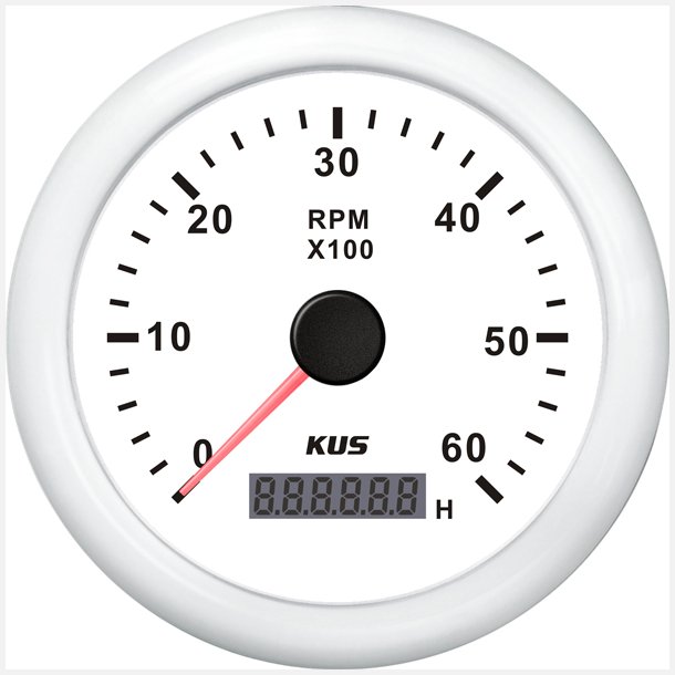 KUS omdrejningstller m/timetller til diesel hvid, 0-6000