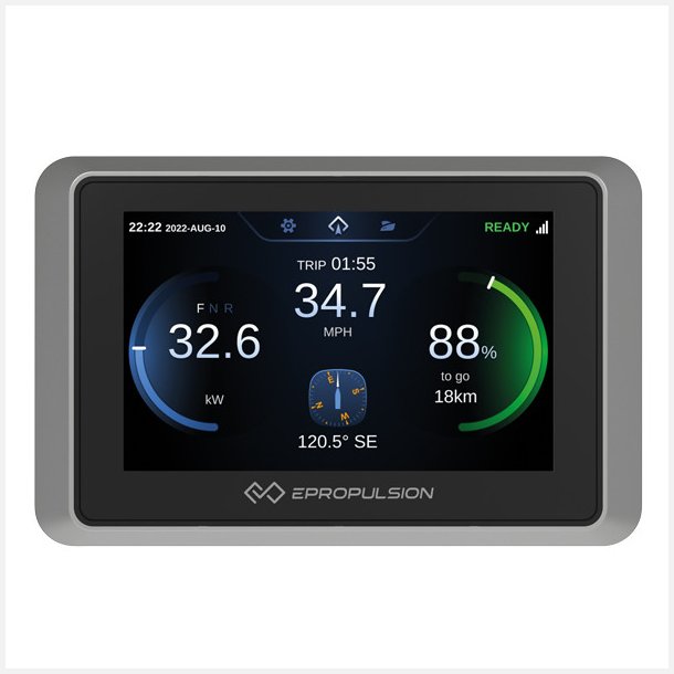 ePropulsion Smart display til elektrisk indenbordsmotor med overskuelig visning af batteriniveau, trim og driftstid