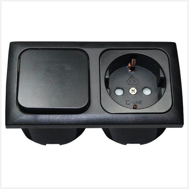 Indbygningsstik 220v med afbryder komplet sort